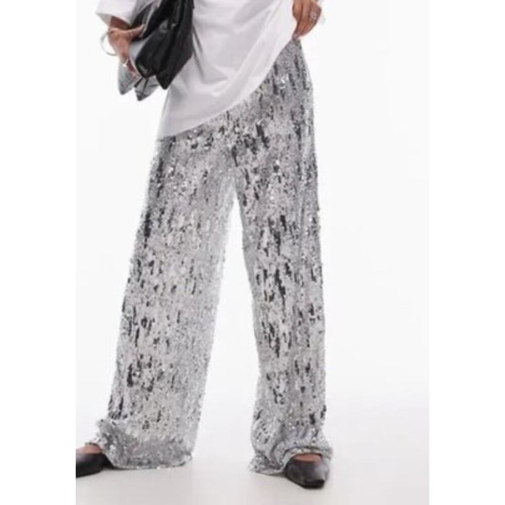 NEW Sparkly Sequined Silver Pants New NWT Sz XS 0-2 Topshop sequins wide leg